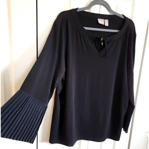 Chico's 3 Blouse Black Pleated Long Sleeves Keyhole‎ Tie Stretch Top - Picture 1 of 6